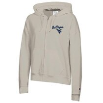 Cocoa butter full zip WVU hoodie with navy West Virginia over the Flying WV as a left chest graphic.